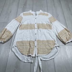 Kasia Resort Women's Small White Balloon Sleeve Cotton Boho Top Back Tie